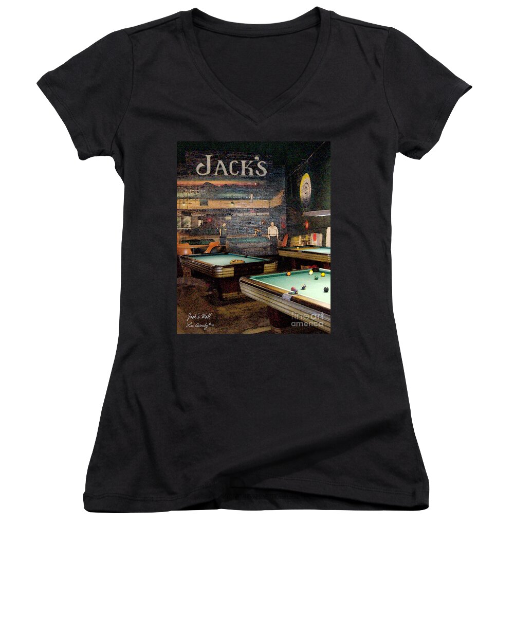 Jacks Pool Room Women's V-Neck featuring the photograph Jack's Wall by Lee Owenby