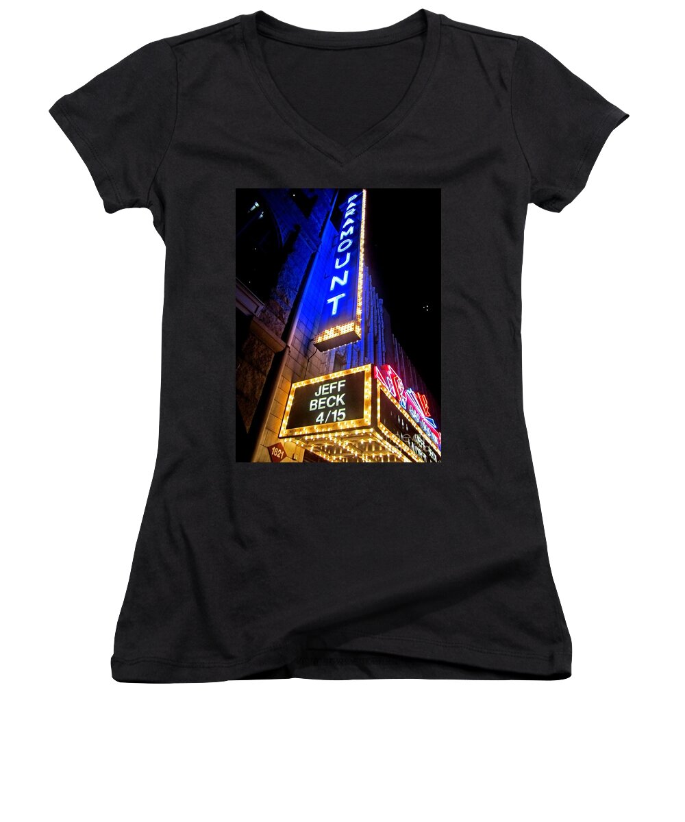 Jeff Beck Women's V-Neck featuring the photograph Jeff Beck At The Paramount by Fiona Kennard