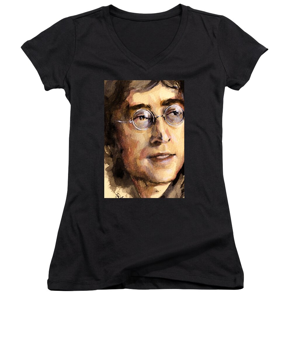 John Lennon Women's V-Neck featuring the painting John Lennon by Laur Iduc