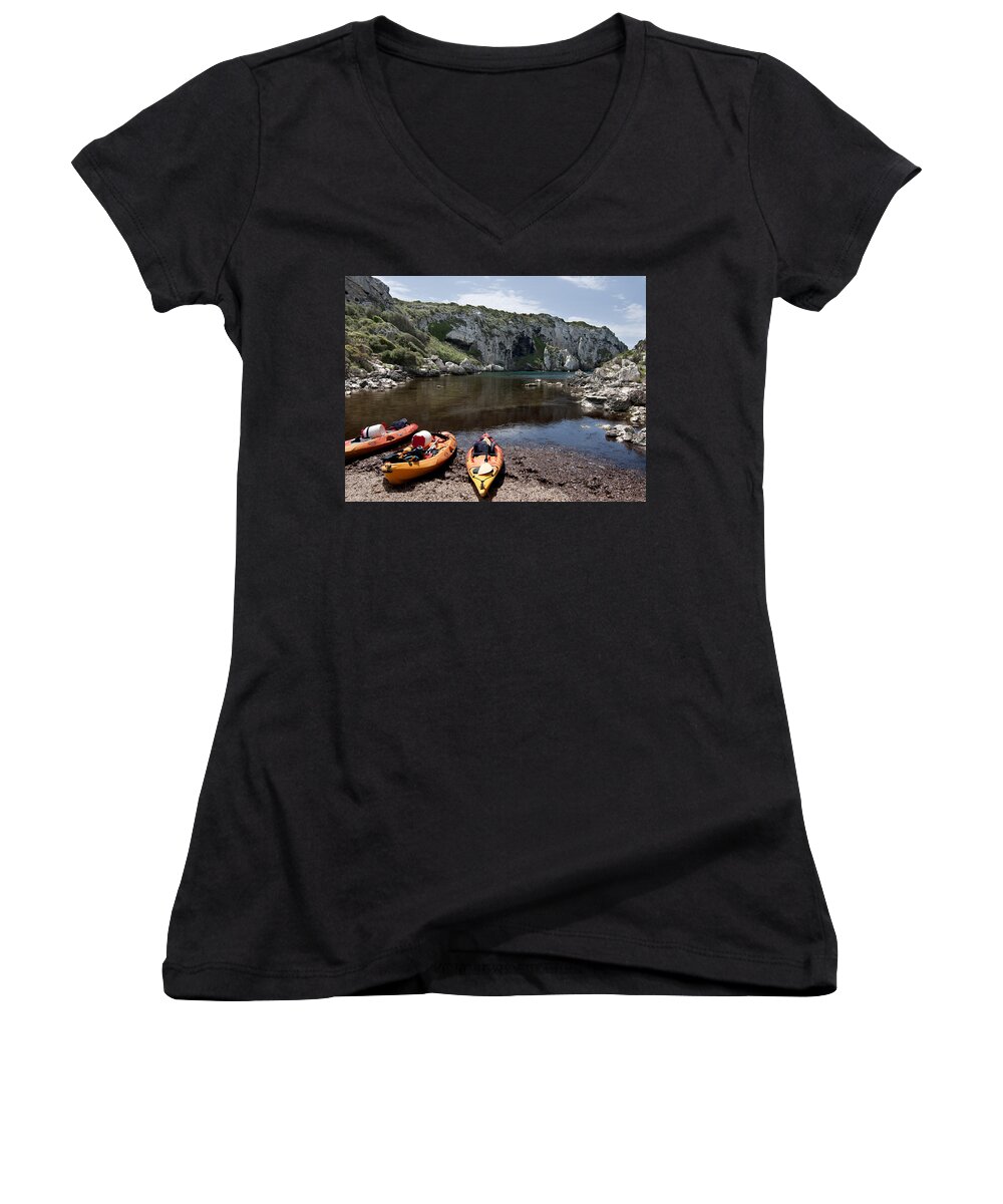 Blue Women's V-Neck featuring the photograph Kayak time - The Landscape of Cales Coves Menorca is a great place for peace and sport by Pedro Cardona Llambias