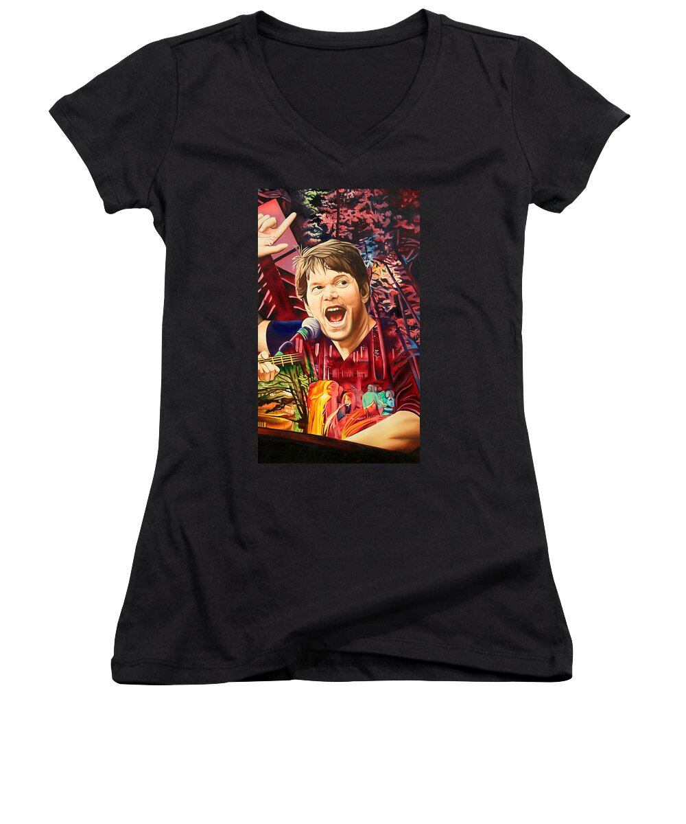 The String Cheese Incident Women's V-Neck featuring the painting Kyle Hollingsworth at Hornin'gs Hideout by Joshua Morton