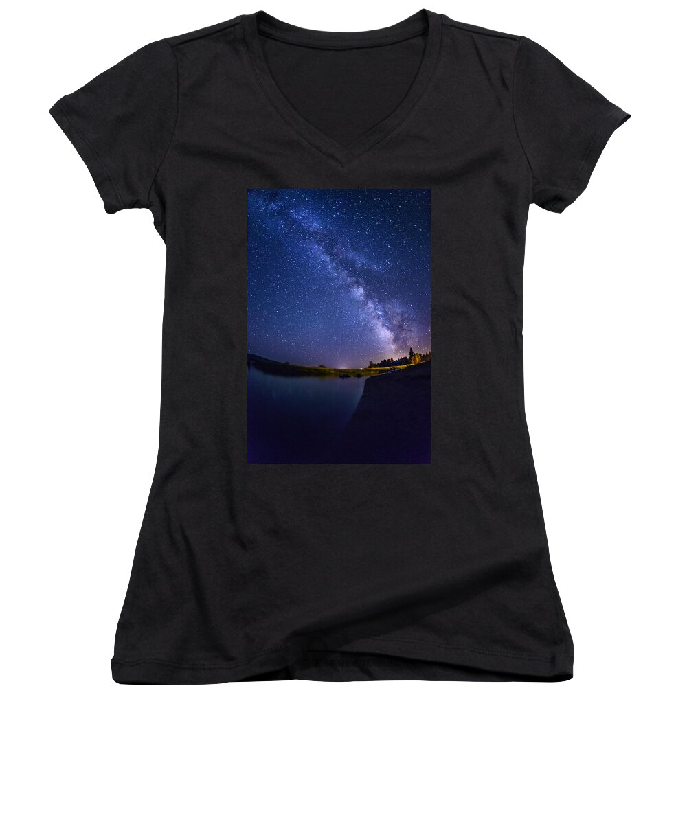 Idaho Women's V-Neck featuring the photograph Lake Cascade and Milky way by Vishwanath Bhat