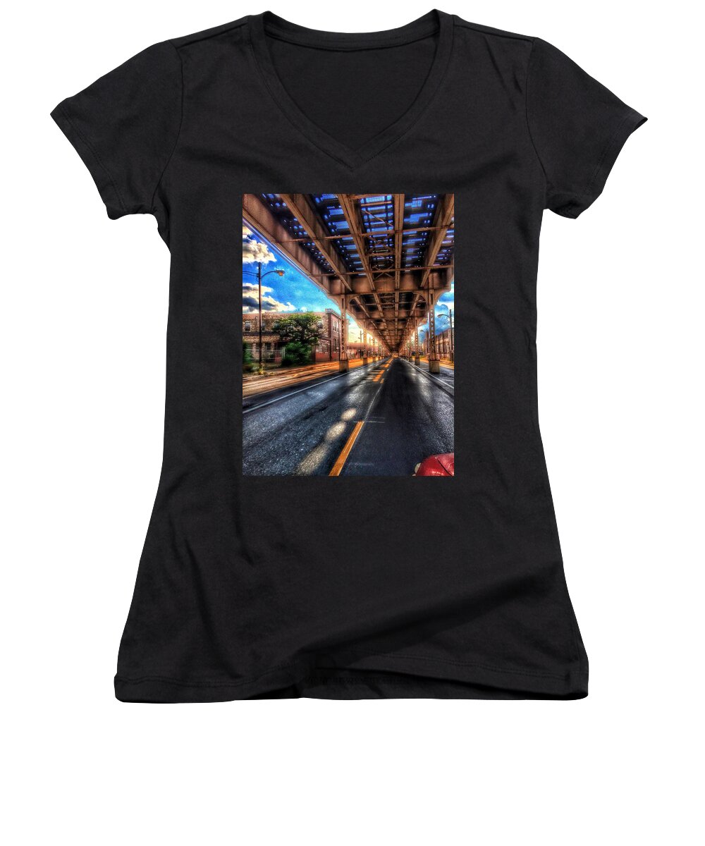 Train Women's V-Neck featuring the photograph Lake Street El Tracks by Nick Heap