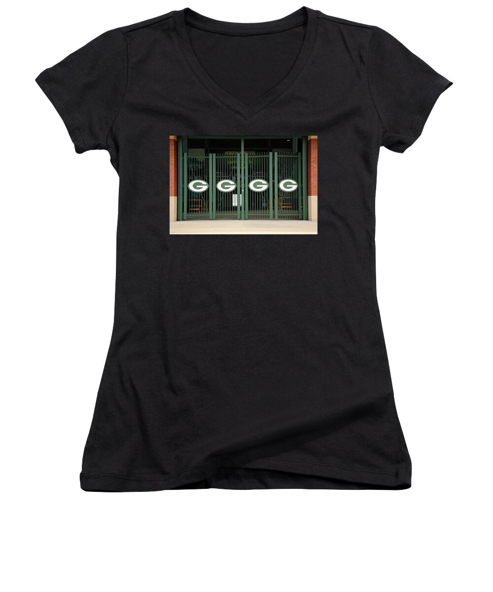 America Women's V-Neck featuring the photograph Lambeau Field - Green Bay Packers by Frank Romeo