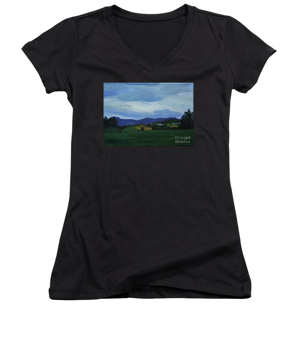 Sola Women's V-Neck featuring the painting Landscape of Sola Norway by Marina McLain