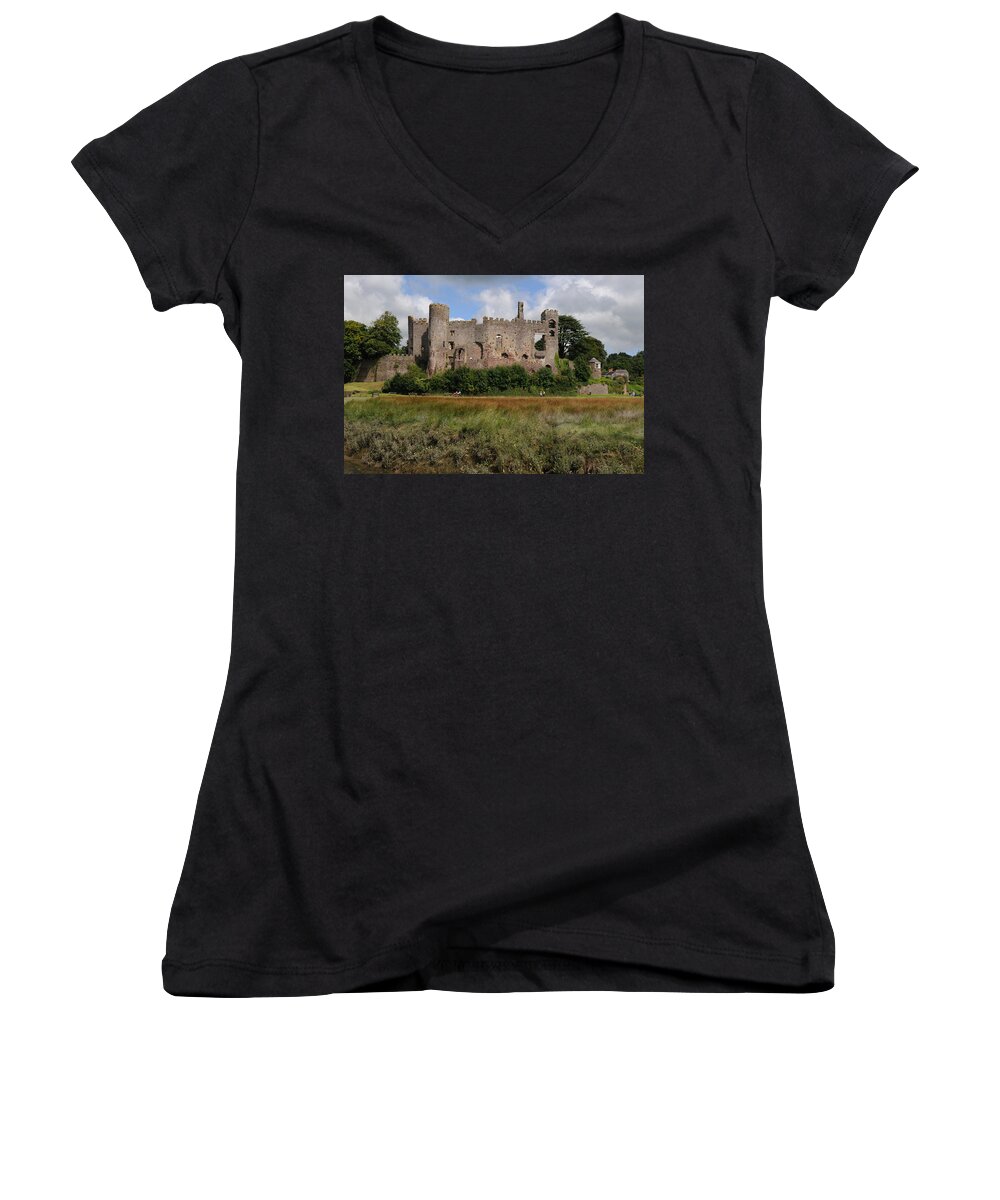 Castle Women's V-Neck featuring the photograph Laugharne Castle by Jeremy Voisey