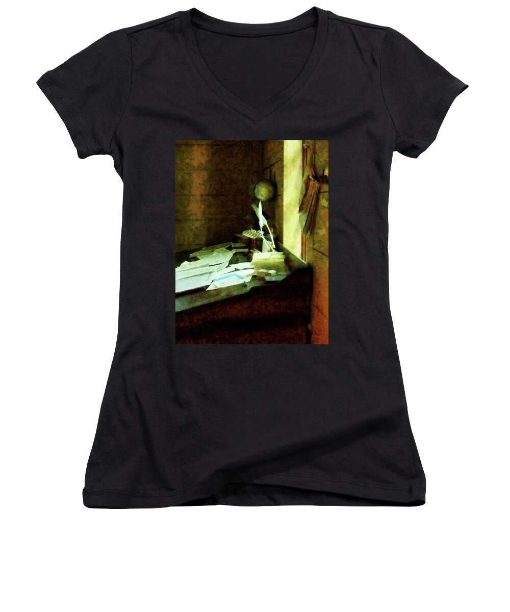 Lawyer Women's V-Neck featuring the photograph Lawyer - Desk With Quills and Papers by Susan Savad