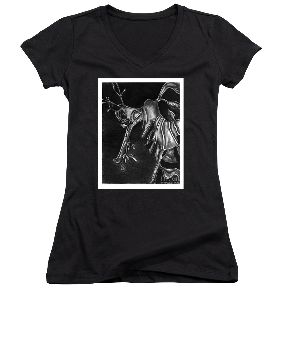 Charcoal Women's V-Neck featuring the drawing Leafy Sea Dragon by Leara Nicole Morris-Clark