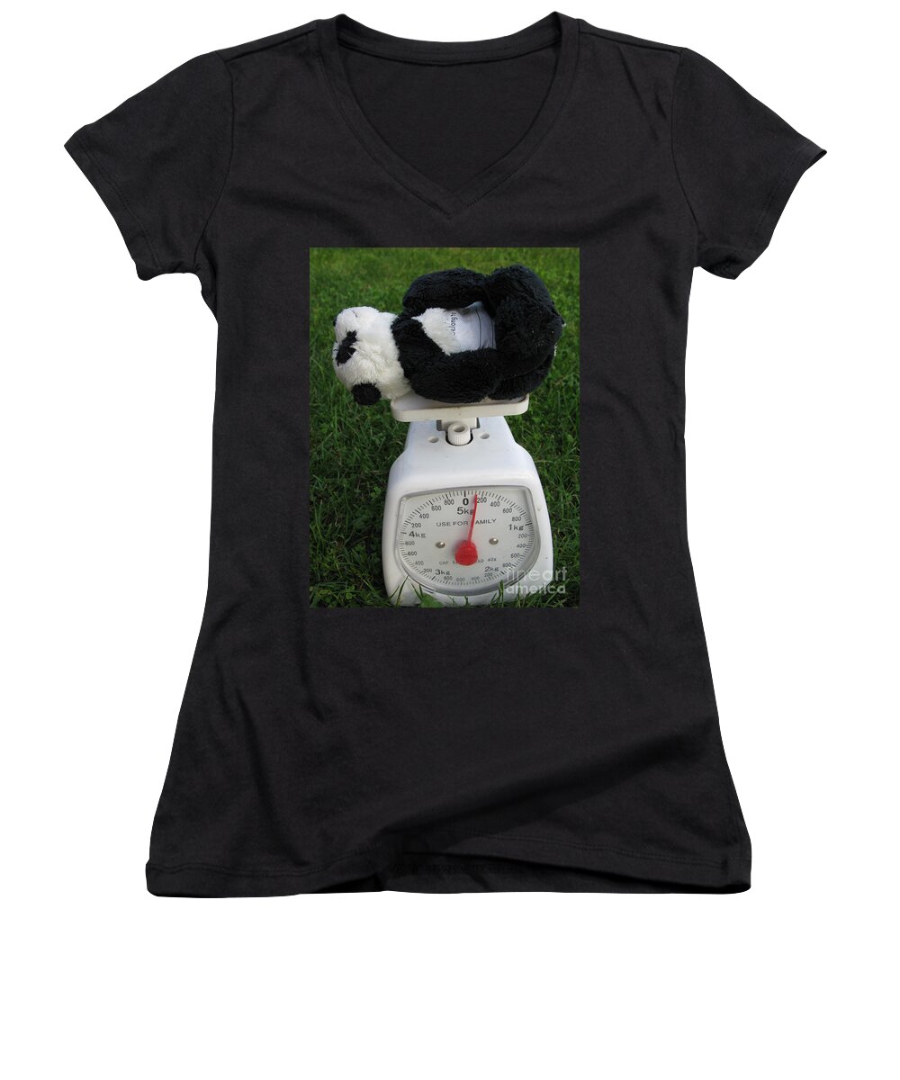 Baby Panda Women's V-Neck featuring the photograph Let's check my weight now by Ausra Huntington nee Paulauskaite
