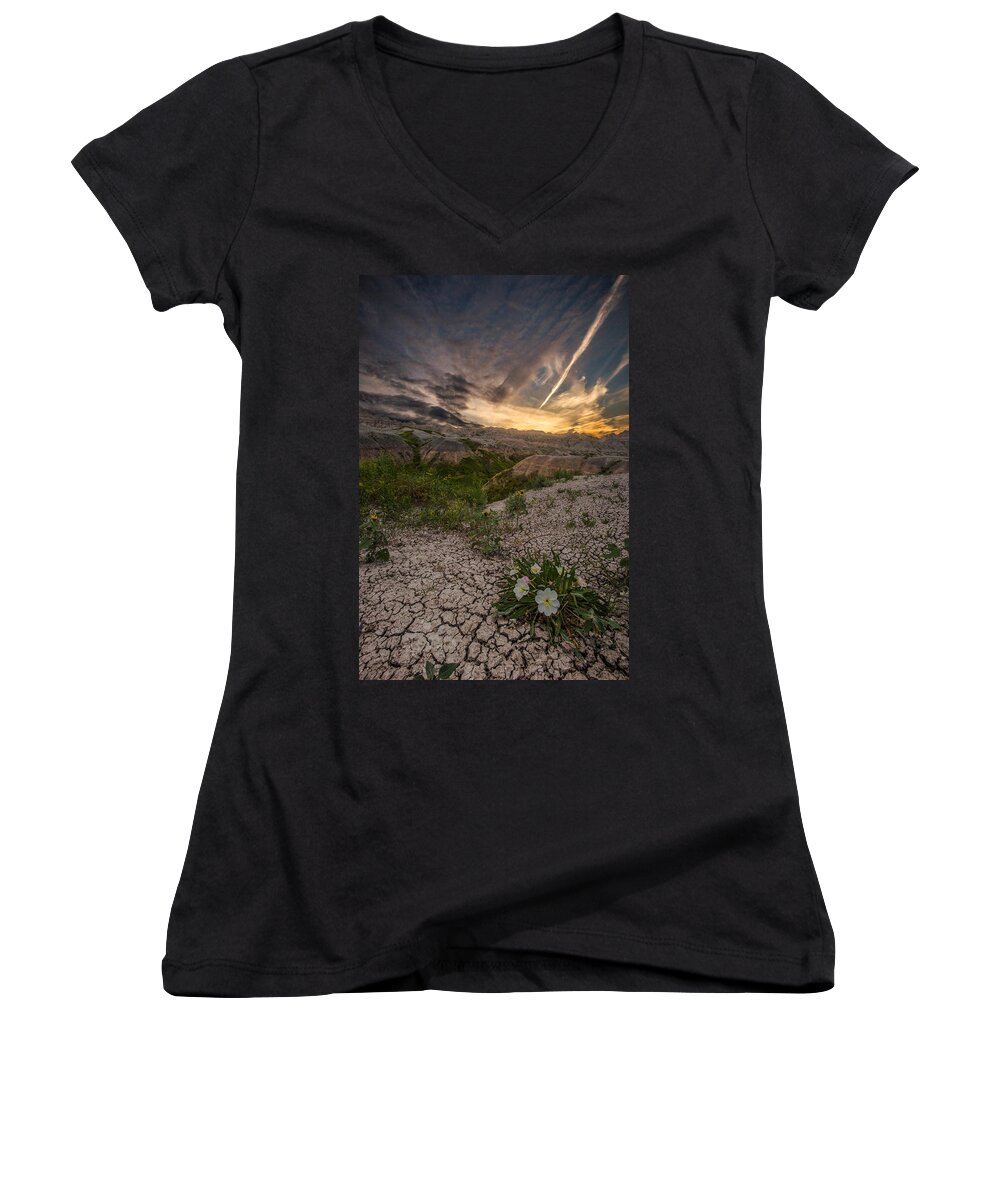 Badlands National Park Women's V-Neck featuring the photograph Life Finds A Way by Aaron J Groen