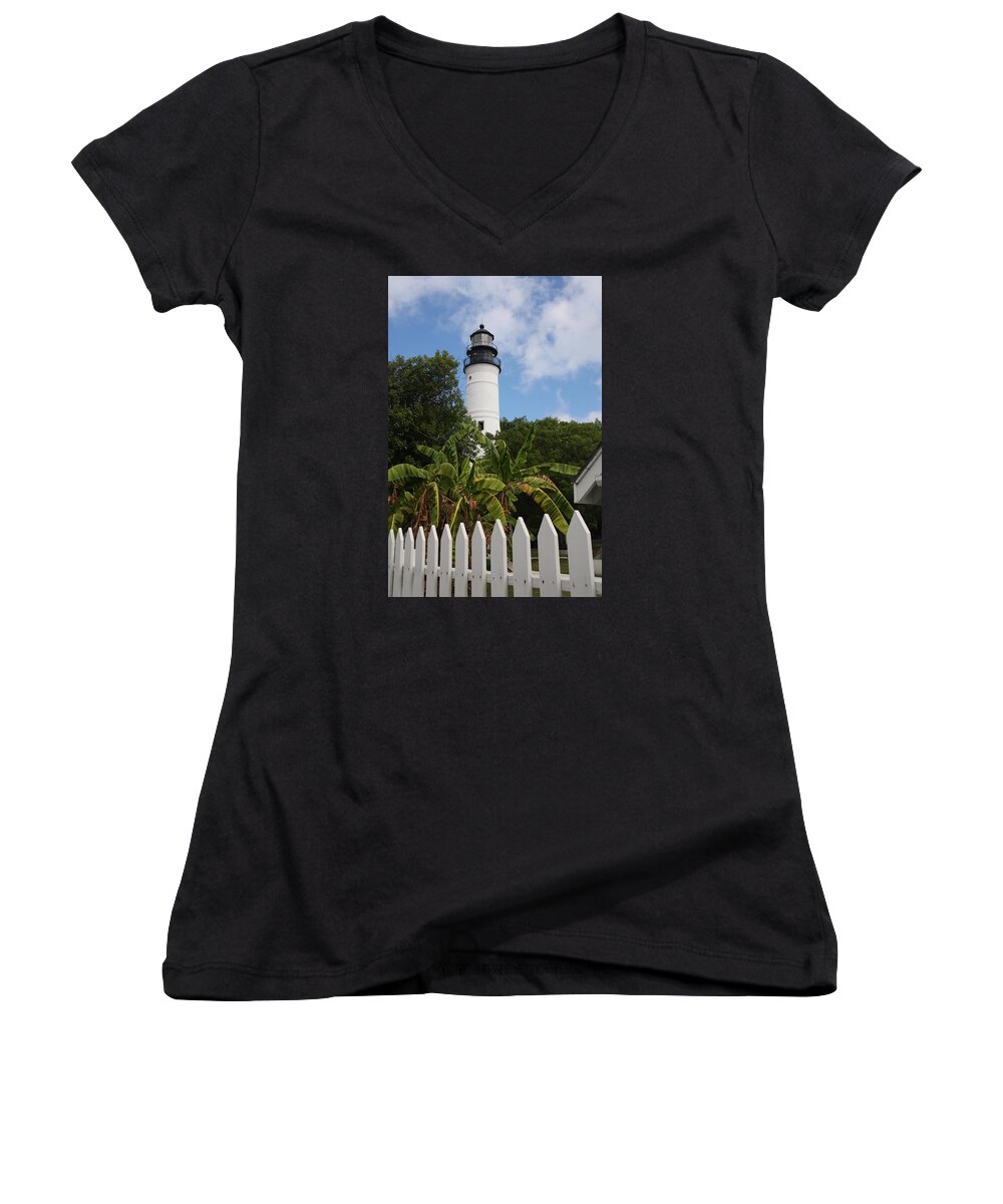 Ligthouse Women's V-Neck featuring the photograph A Sailoirs Guide On The Florida Keys by Christiane Schulze Art And Photography