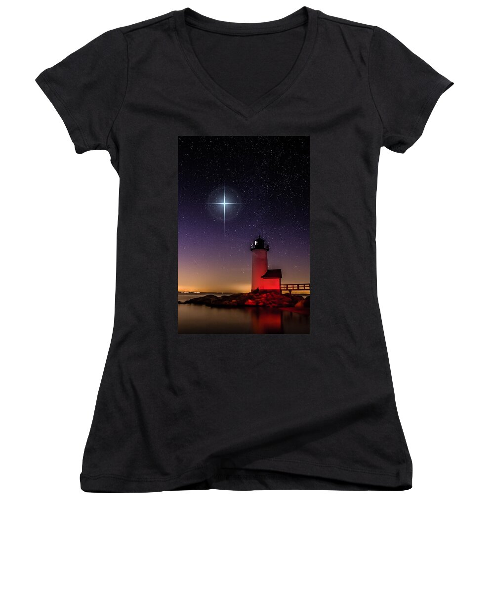 Annisquam Lighthouse Women's V-Neck featuring the photograph Lighthouse star to wish on by Jeff Folger