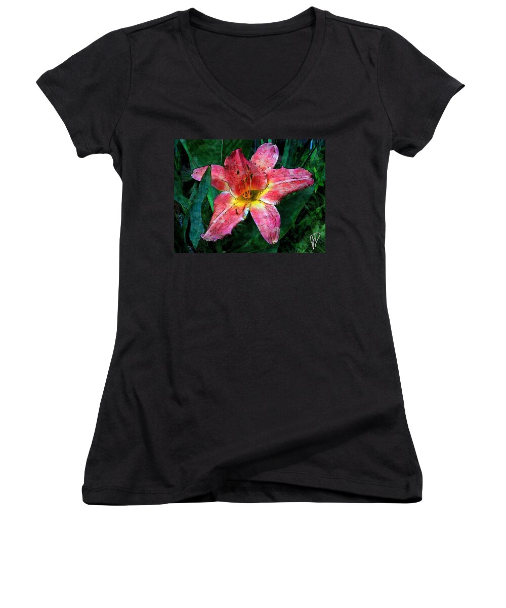 Daylily Women's V-Neck featuring the photograph Lilly of the Rain by John Duplantis
