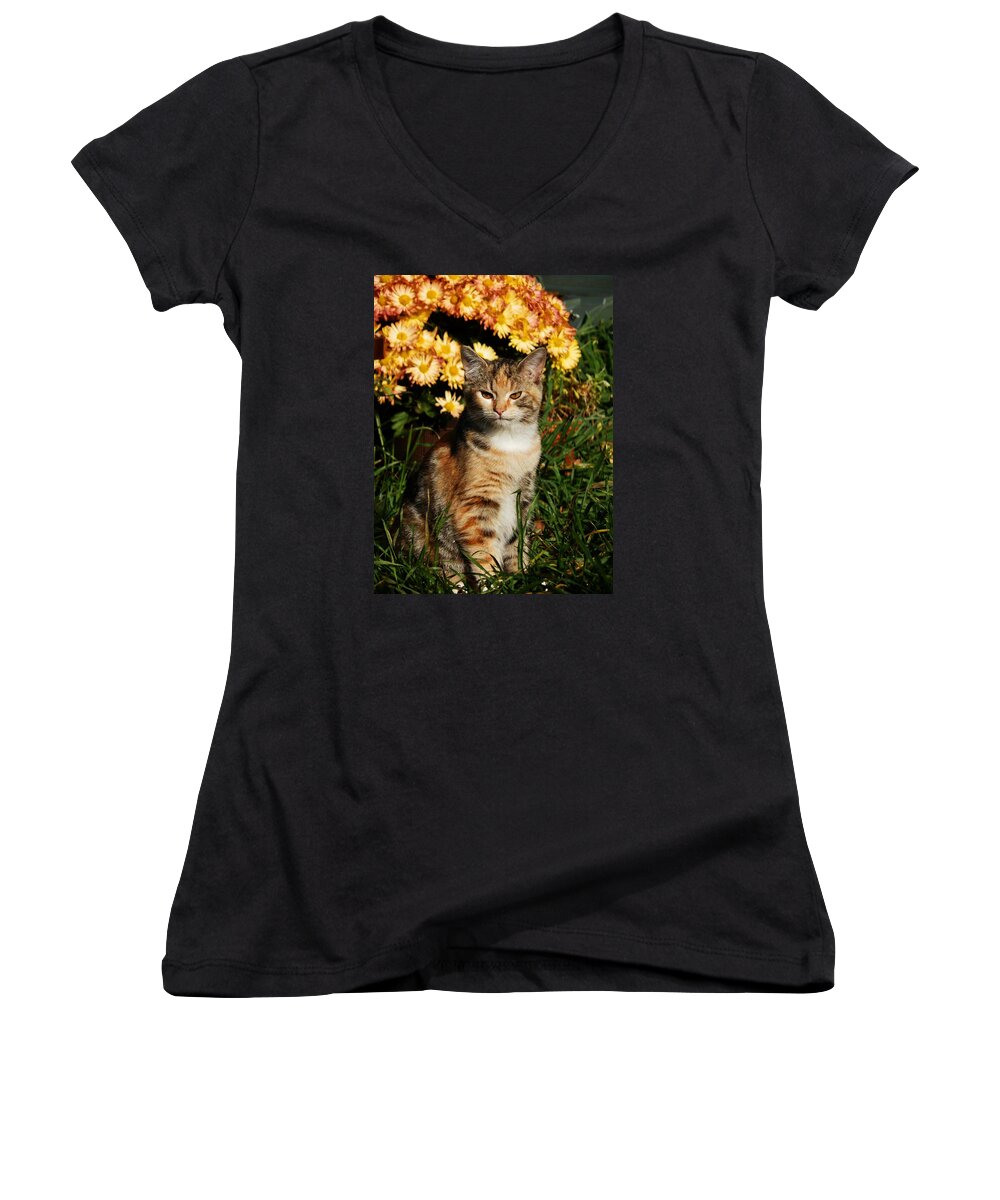 Cat Women's V-Neck featuring the photograph LILY with Harvest Mums by VLee Watson