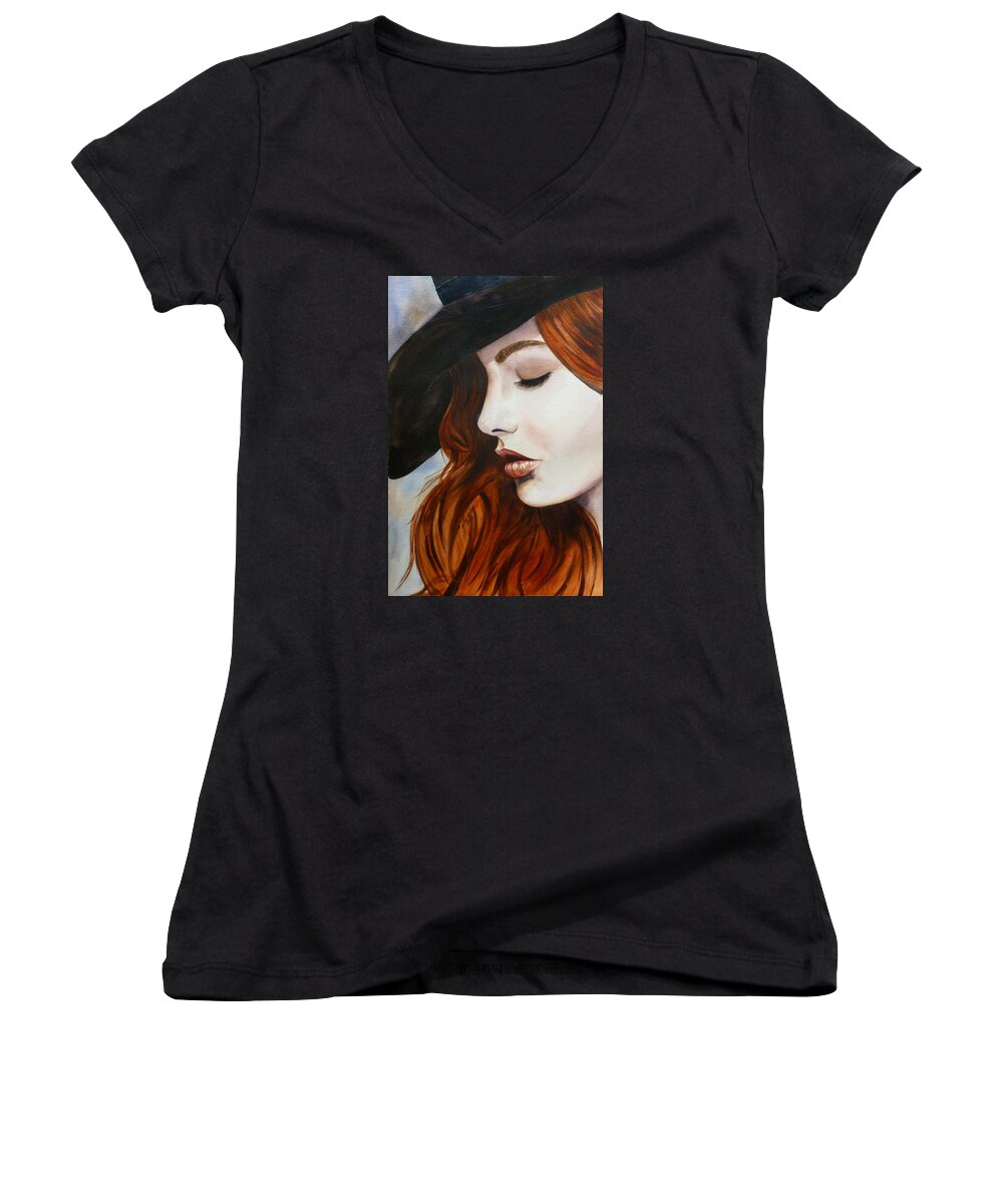 Woman Women's V-Neck featuring the painting Inner Wisdom by Michal Madison