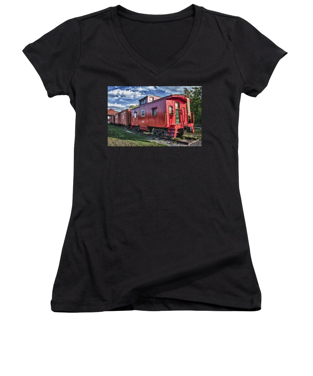 Guy Whiteley Photography Women's V-Neck featuring the photograph Little Red Caboose by Guy Whiteley