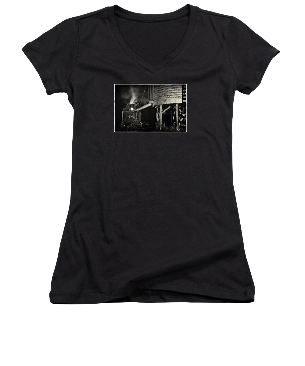 Train Women's V-Neck featuring the photograph Loading Water at Chama Train Station by Priscilla Burgers