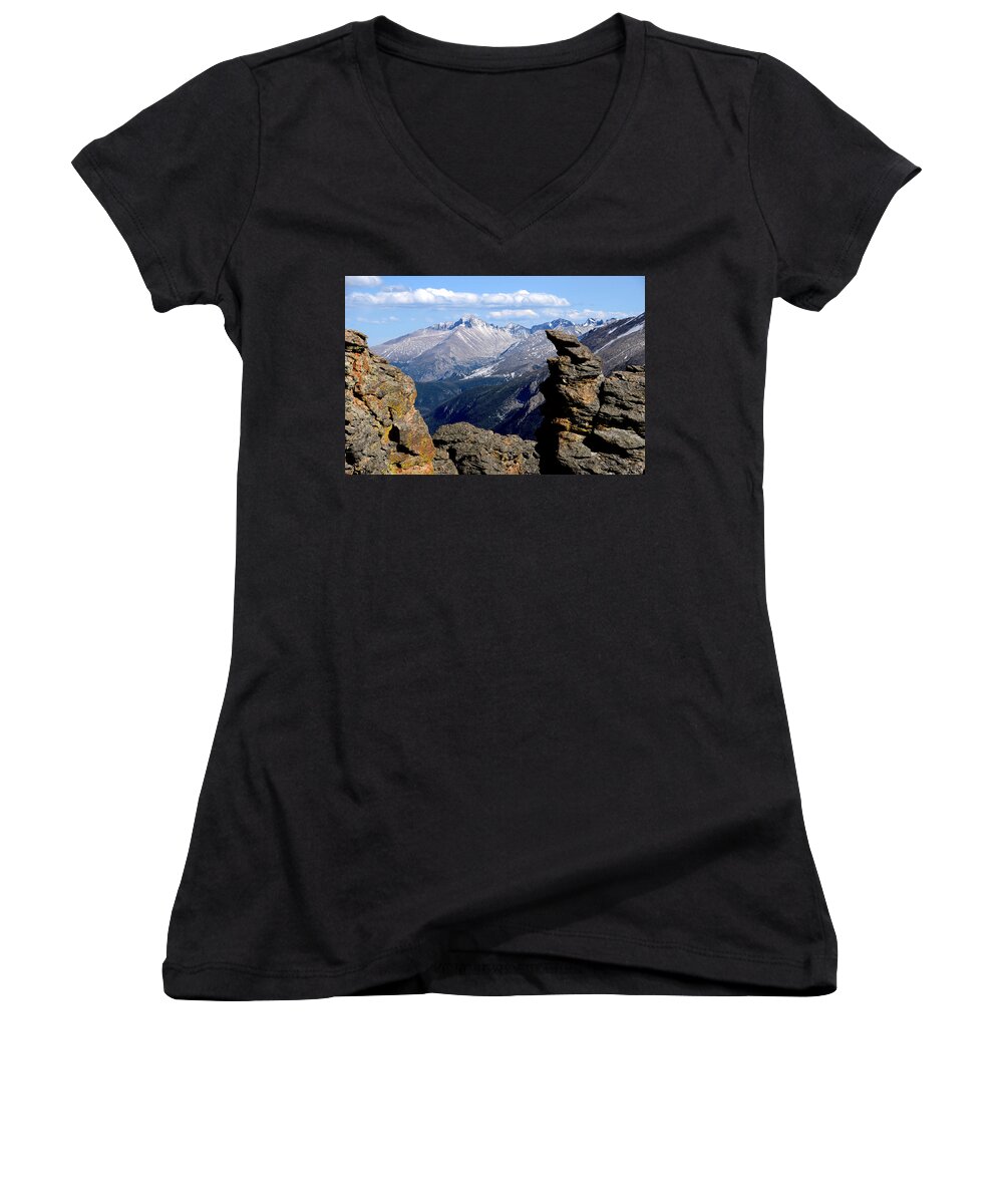 Longs Women's V-Neck featuring the photograph Long's Peak from The Rock Cut by Tranquil Light Photography