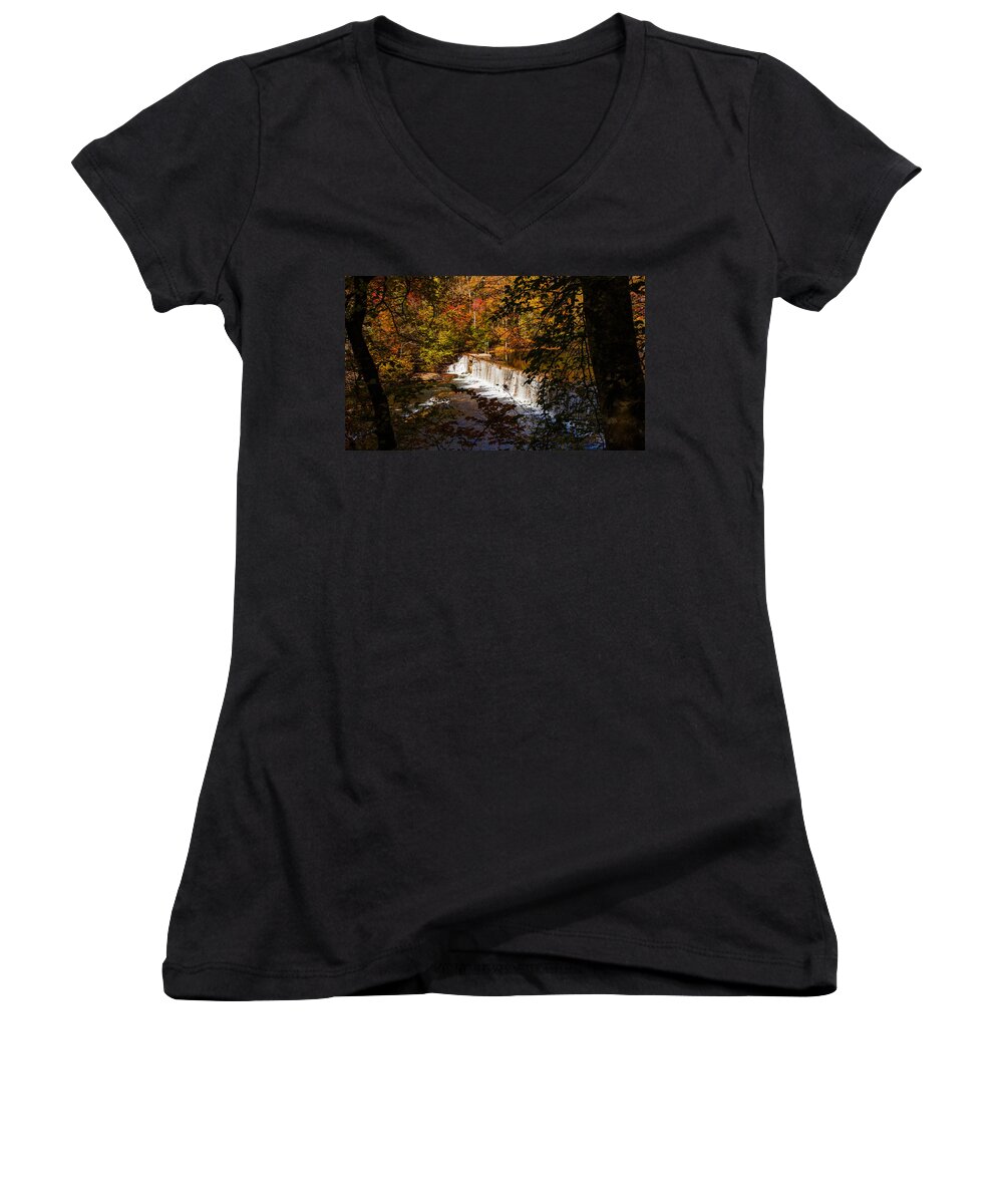 Autumn Trees On River Women's V-Neck featuring the photograph Looking Through Autumn Trees on To Waterfalls fine art prints as gift for the Holidays by Jerry Cowart