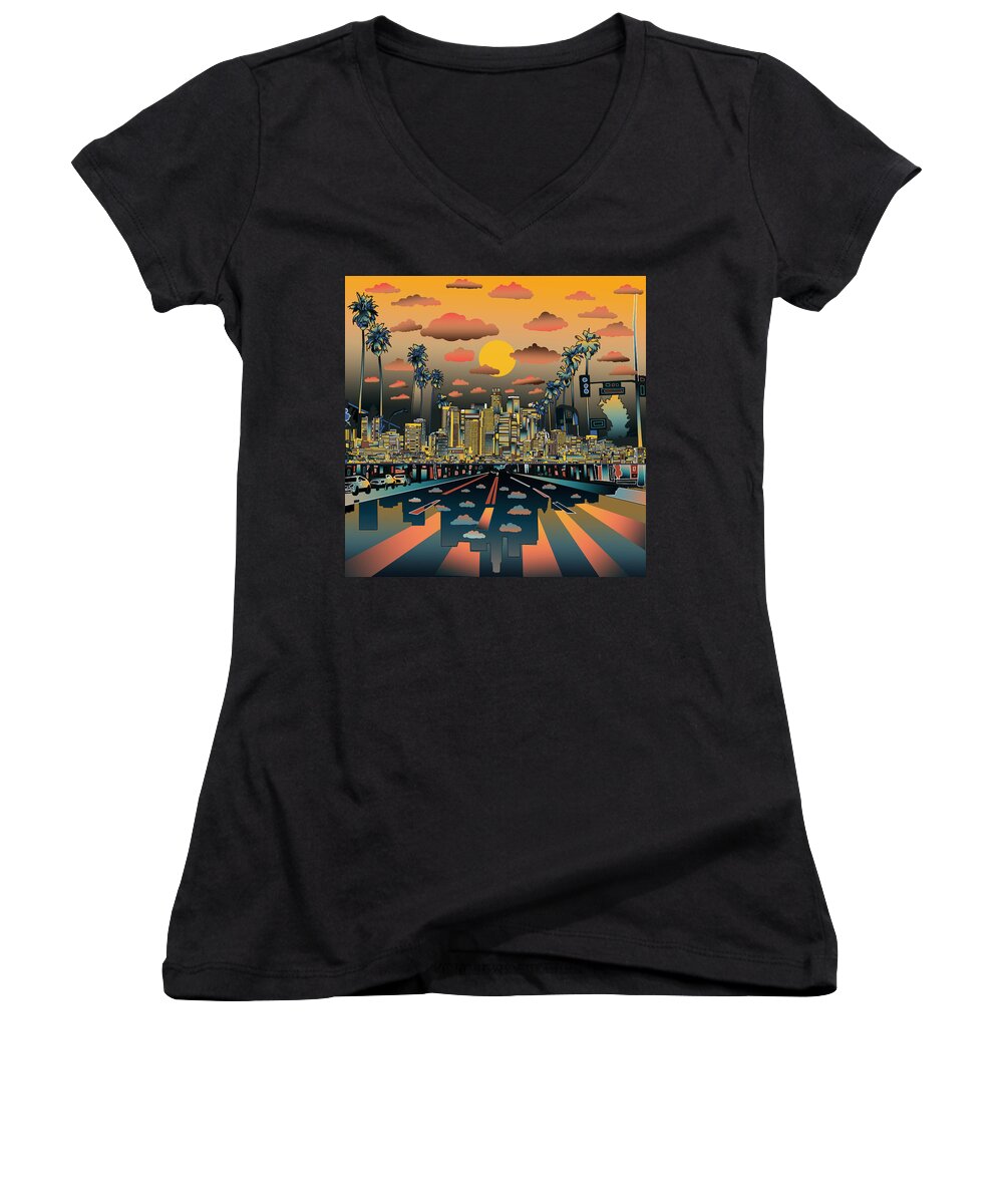 Los Angeles Women's V-Neck featuring the painting Los Angeles Skyline Abstract 2 by Bekim M