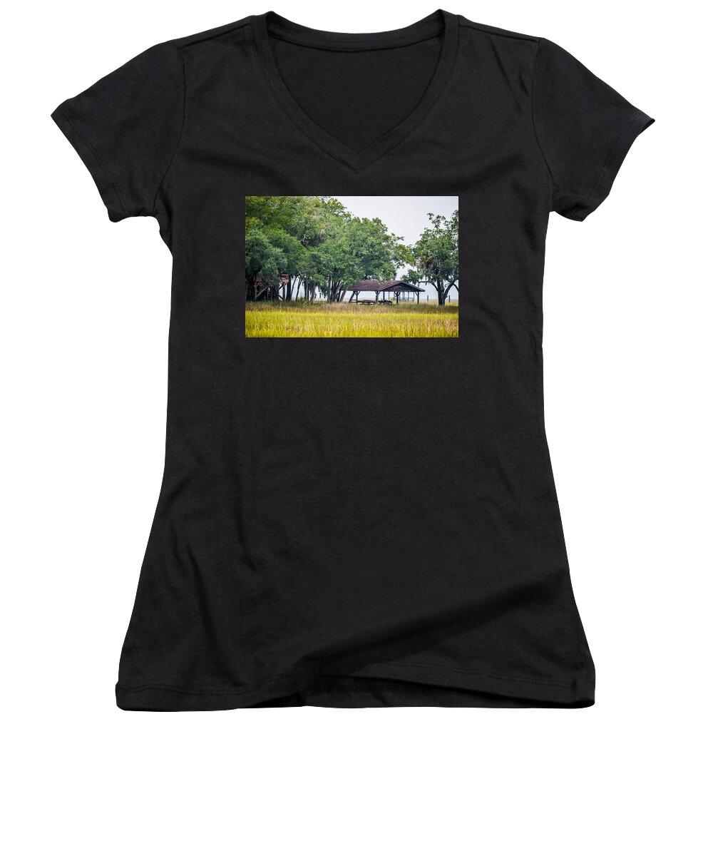 Sunrise Women's V-Neck featuring the photograph Lowland Picnic Place by Mary Hahn Ward