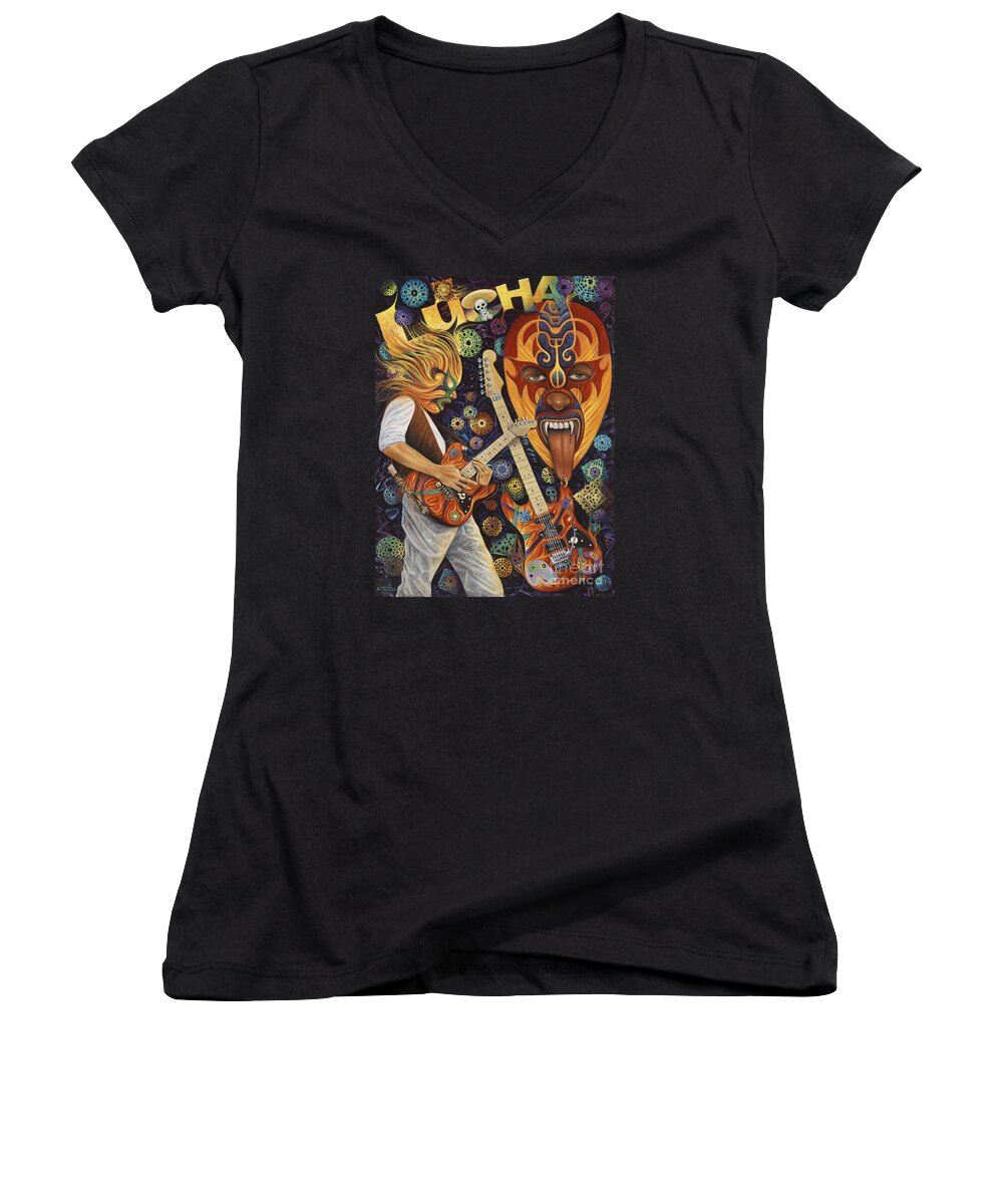 Lucha Women's V-Neck featuring the painting Lucha Rock by Ricardo Chavez-Mendez