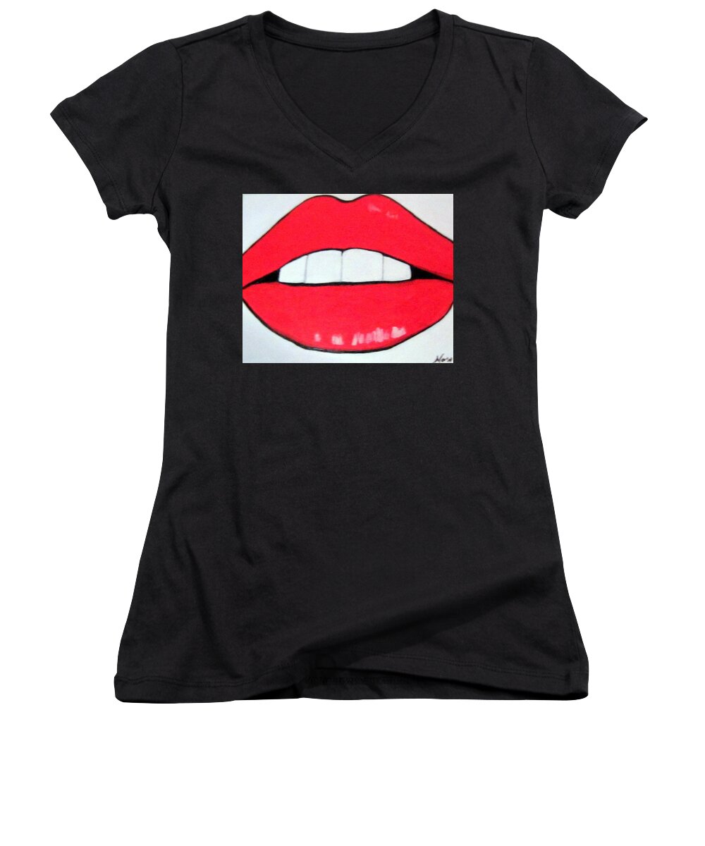 Luscious Lips Art Deco And Modern Women's V-Neck featuring the painting Luscious Lips by Nora Shepley