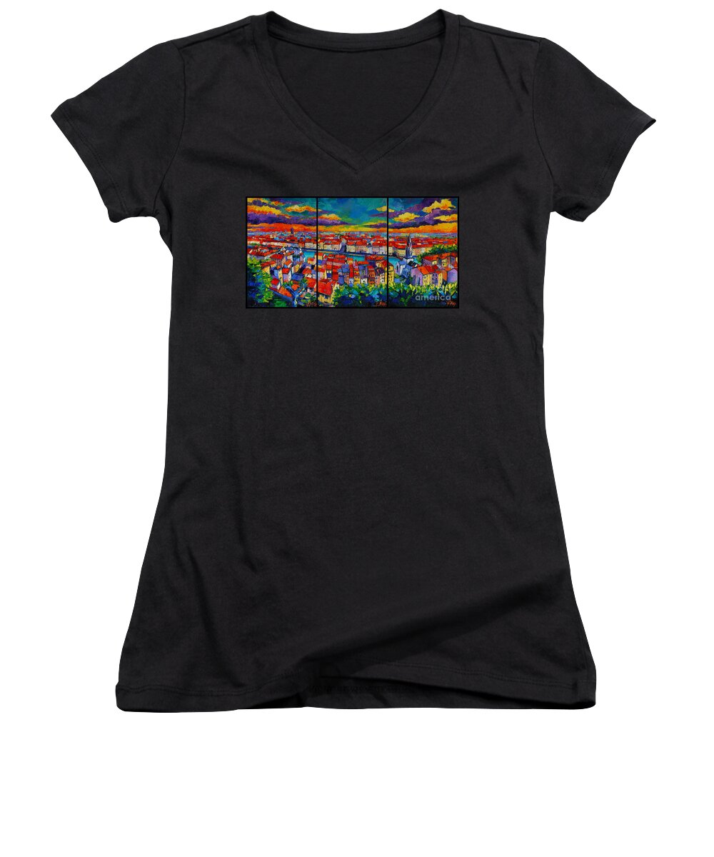 Lyon Panorama Women's V-Neck featuring the painting Lyon Panorama Triptych by Mona Edulesco