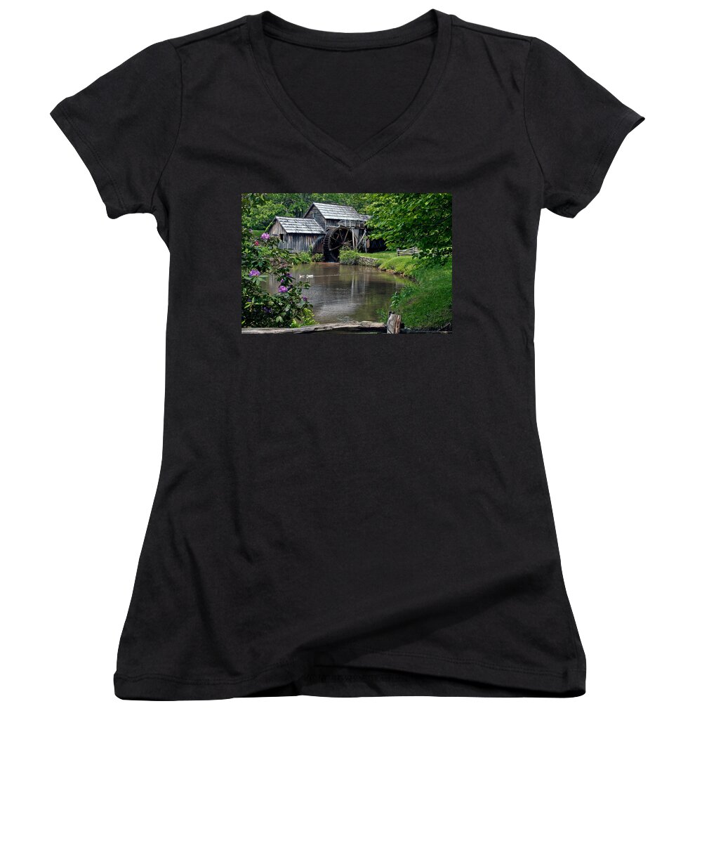 Mabry Mill Women's V-Neck featuring the photograph Mabry Mill in May by John Haldane