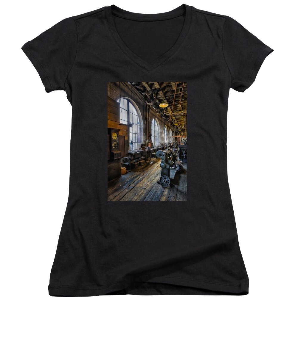 Machine Shop Women's V-Neck featuring the photograph Machine shop by Susan Candelario