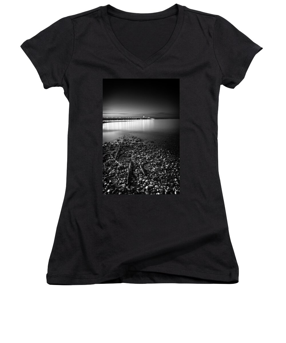 Michigan Women's V-Neck featuring the photograph Mackinac Bridge BW by Larry Carr