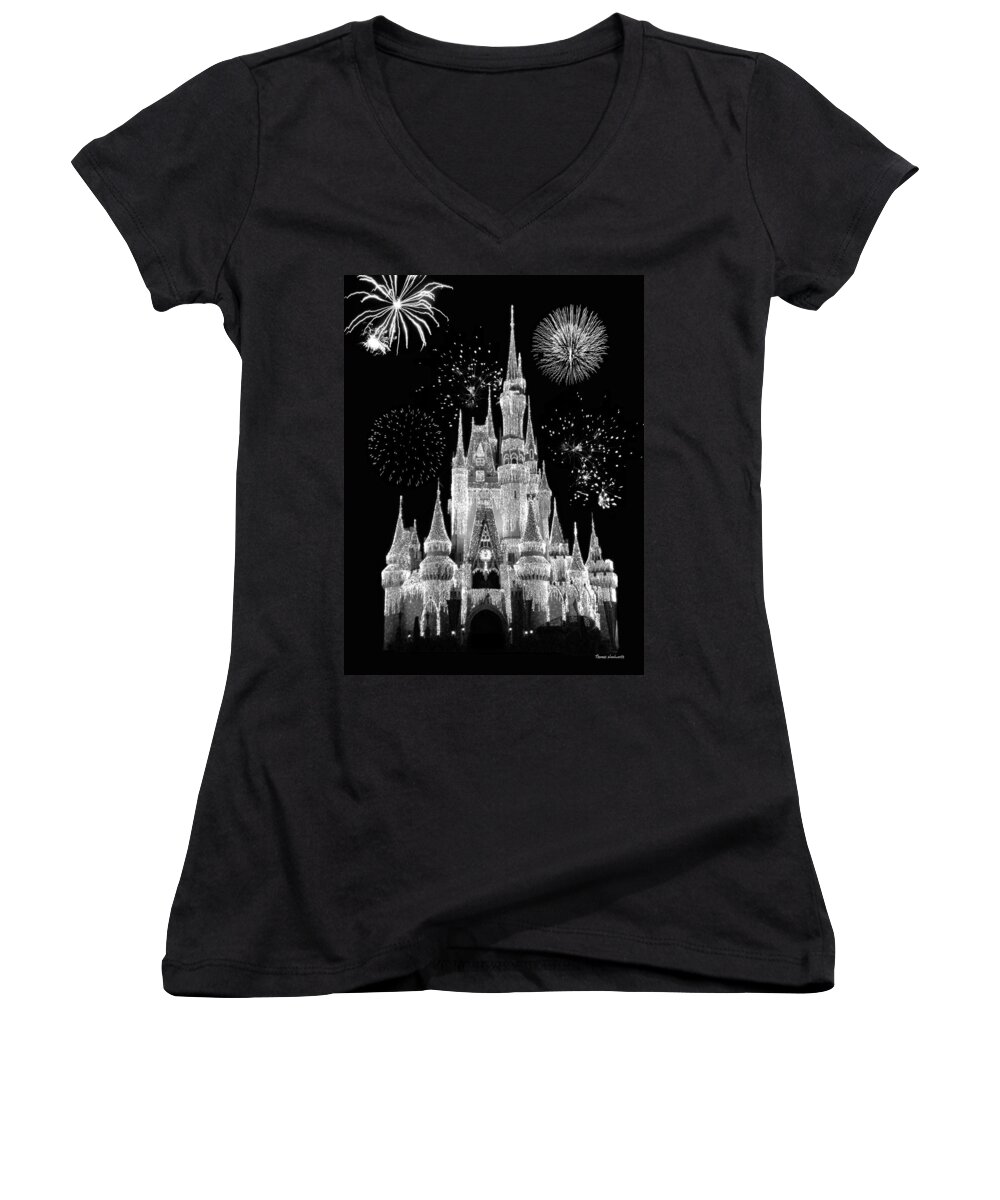 Black And White Women's V-Neck featuring the photograph Magic Kingdom Castle in Black and White with Fireworks Walt Disney World by Thomas Woolworth