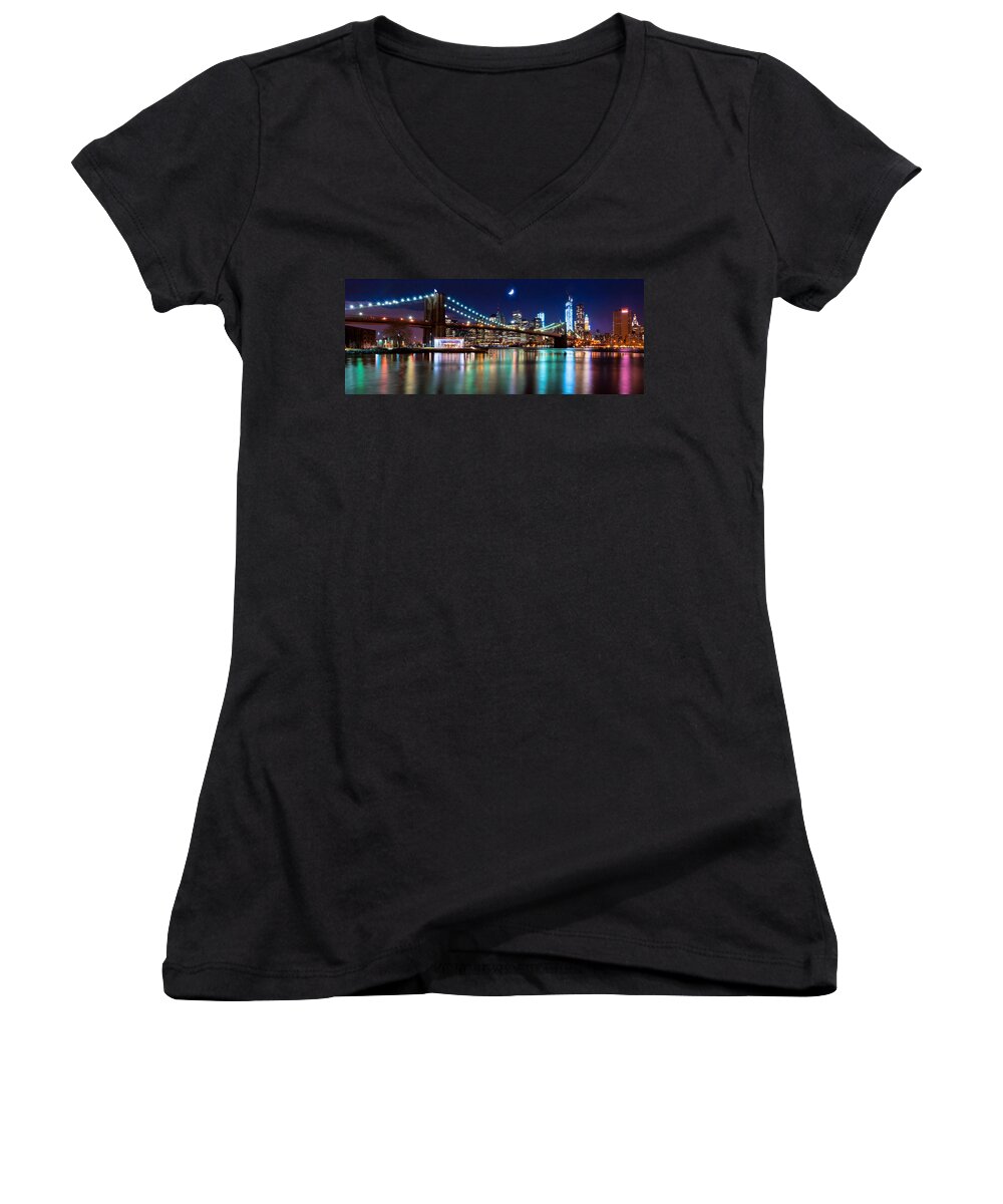 Amazing Brooklyn Bridge Women's V-Neck featuring the photograph Magical New York Skyline Panorama by Mitchell R Grosky
