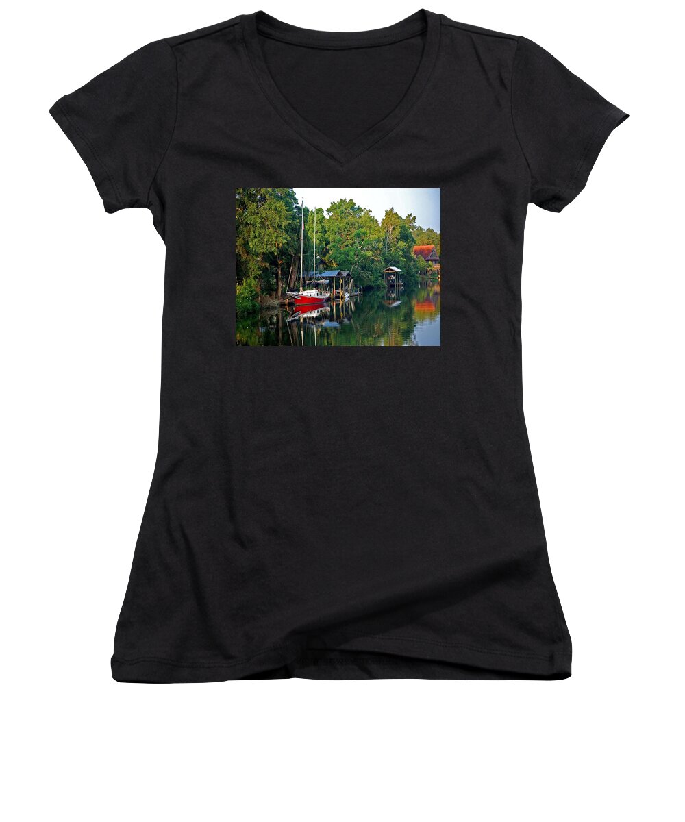 Alabama Women's V-Neck featuring the digital art Magnolia Red Boat by Michael Thomas