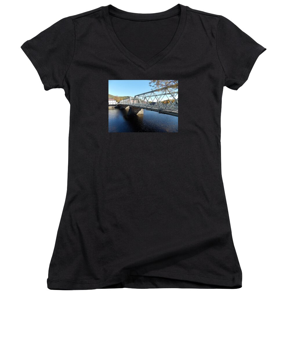 Shelbourne Women's V-Neck featuring the photograph Main Street Bridge Shelbourne Falls by Nina Kindred