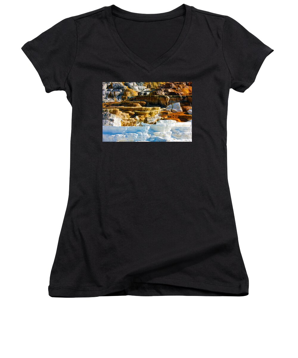 Mammoth Hot Springs Women's V-Neck featuring the photograph Mammoth Hot Springs Rock Formation No1 by Josh Bryant