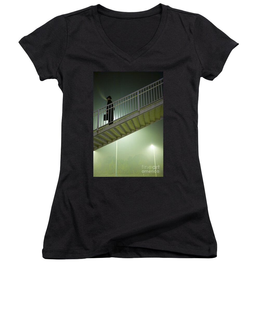 Man Women's V-Neck featuring the photograph Man With Case On Steps Nighttime by Lee Avison