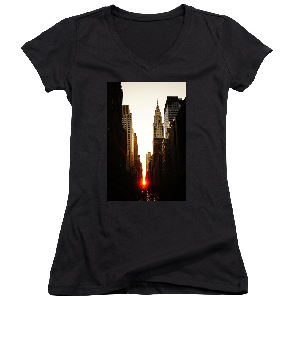 New York City Women's V-Neck featuring the photograph Manhattanhenge Sunset and the Chrysler Building by Vivienne Gucwa