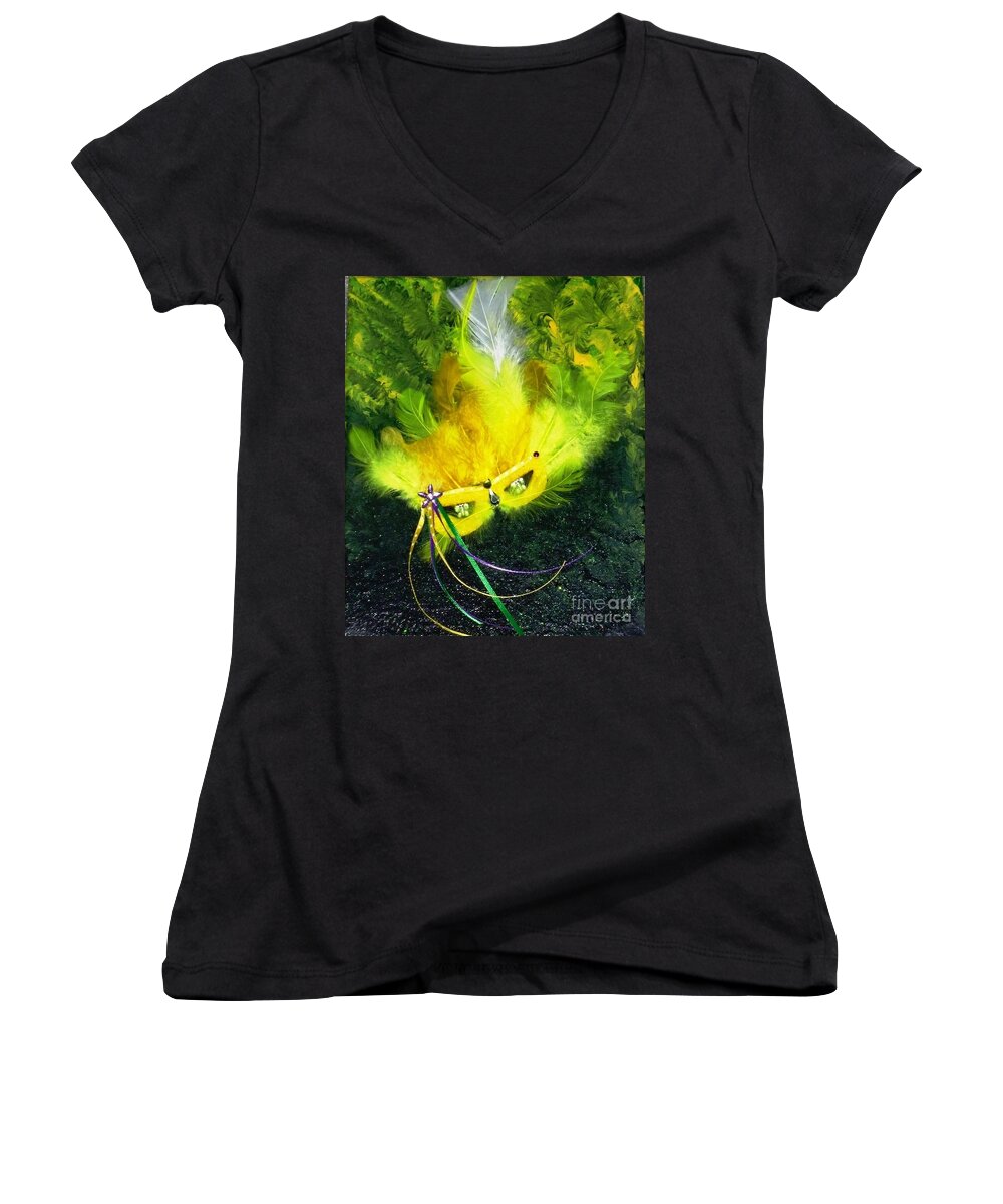 Mixed Media Women's V-Neck featuring the painting Mardi Gras on Green by Alys Caviness-Gober
