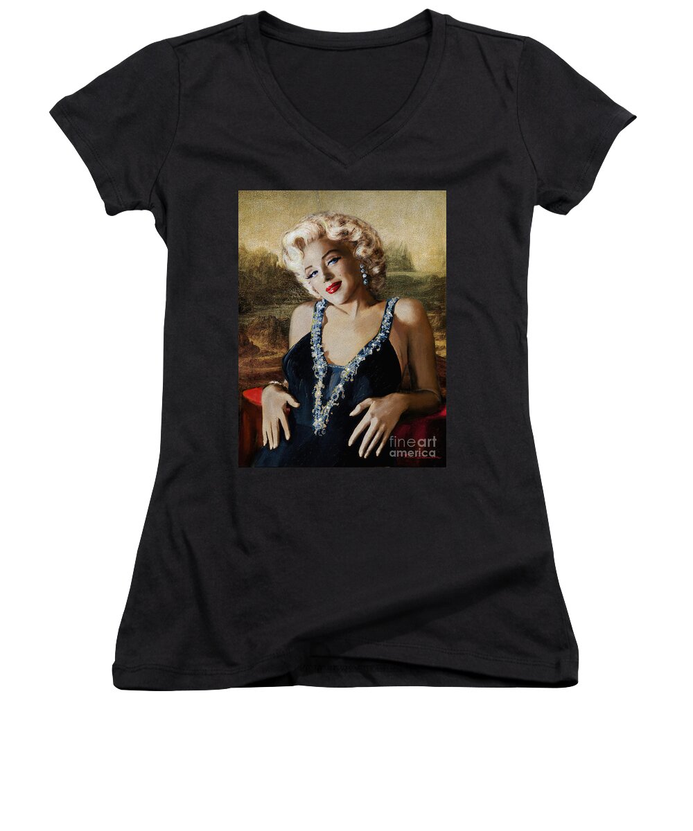 Theo Danella Women's V-Neck featuring the painting Marilyn 126 Mona LIsa by Theo Danella