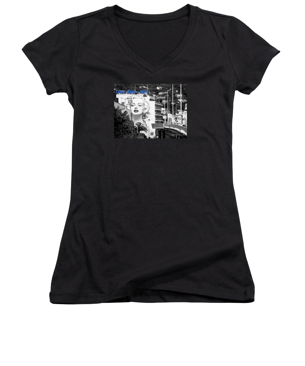 Marilyn Monroe Women's V-Neck featuring the photograph Marilyn in Cannes by Jennie Breeze