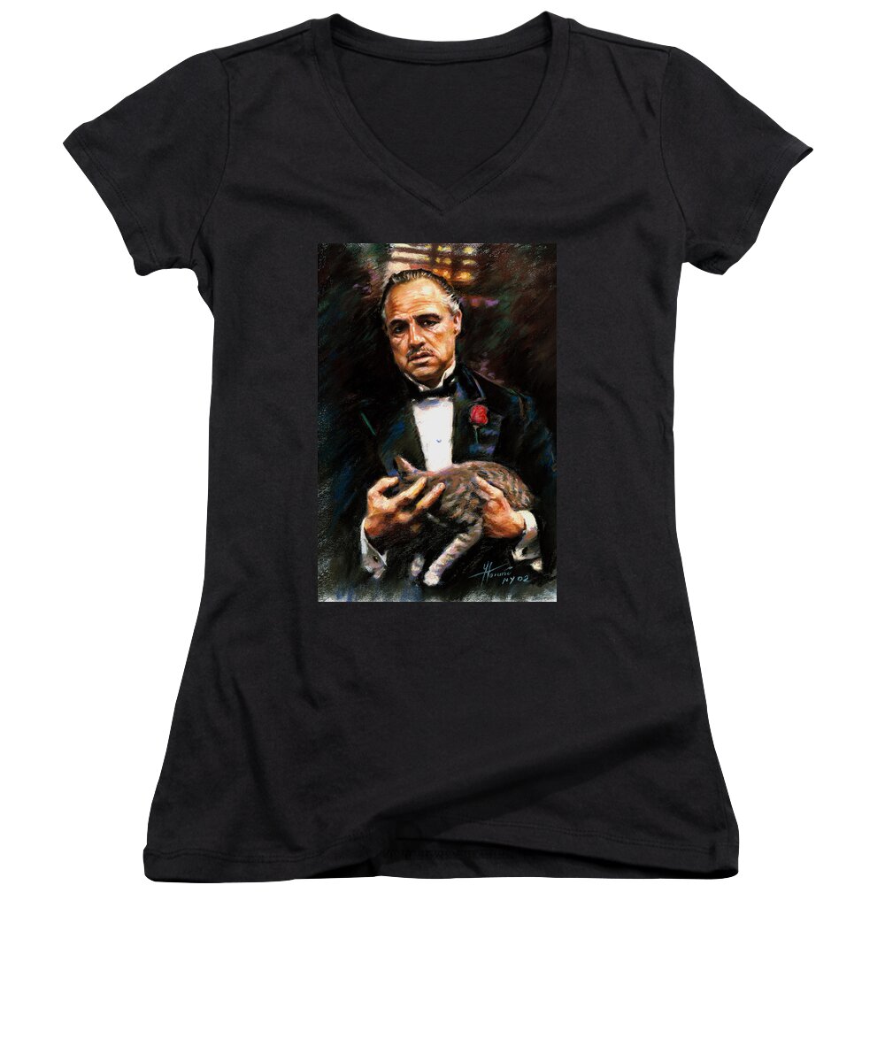 Marlon Brando Women's V-Neck featuring the drawing Marlon Brando The Godfather by Viola El