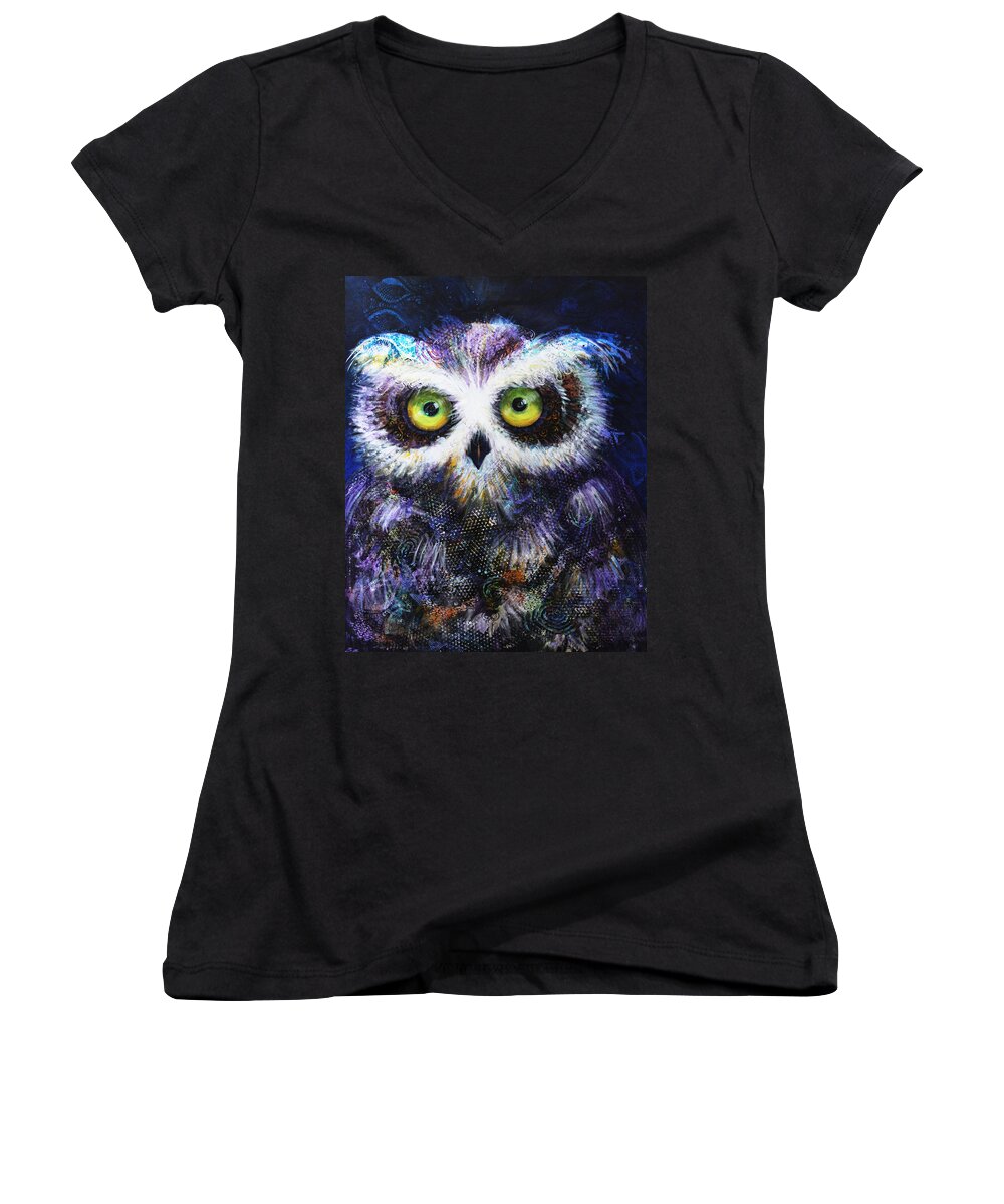 Moon Women's V-Neck featuring the painting Midnight Hoot by Laurel Bahe