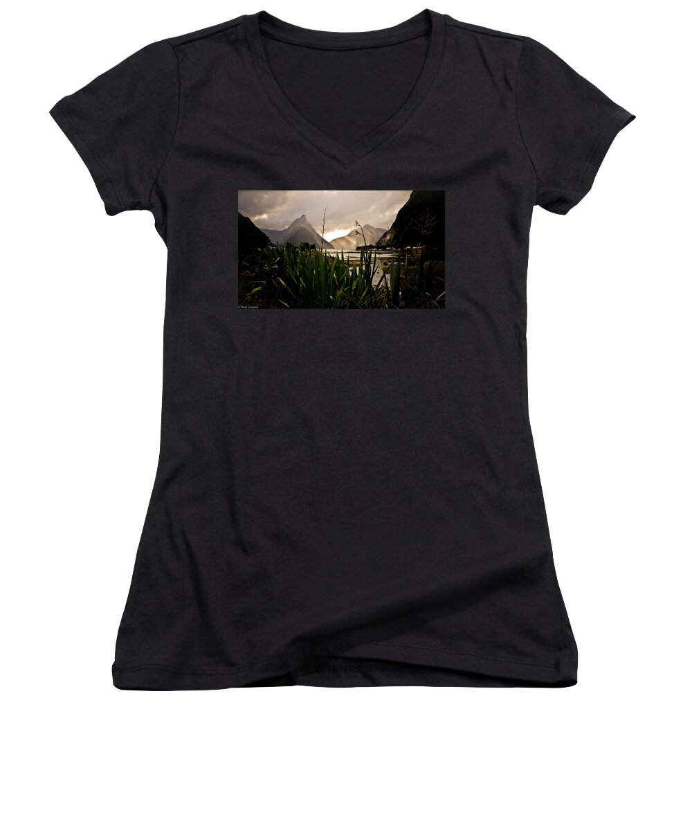 Milford Sound Women's V-Neck featuring the photograph Milford Sound by Chris Cousins