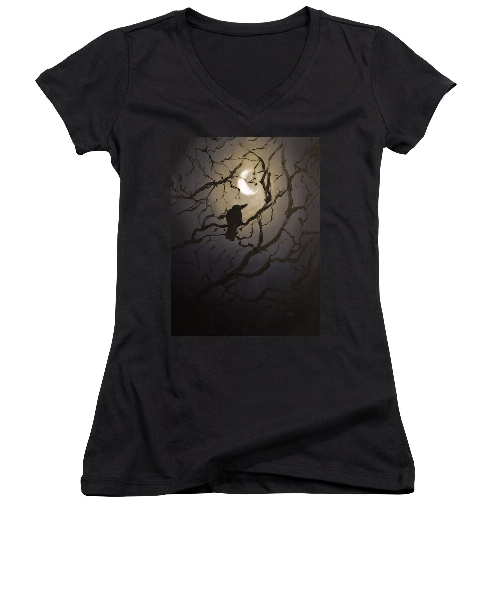 Raven Women's V-Neck featuring the painting Moonlit Perch by Melissa Herrin