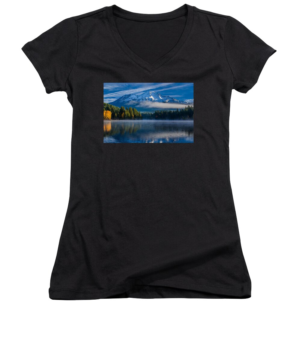 Mount Shasta Women's V-Neck featuring the photograph Morning at Siskiyou Lake by Greg Nyquist