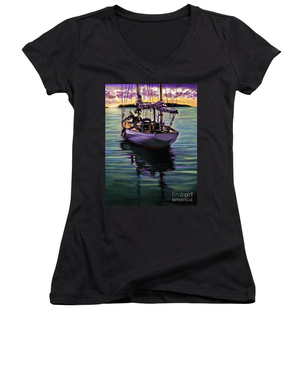 Boat Women's V-Neck featuring the painting Morning Has Broken by David Van Hulst