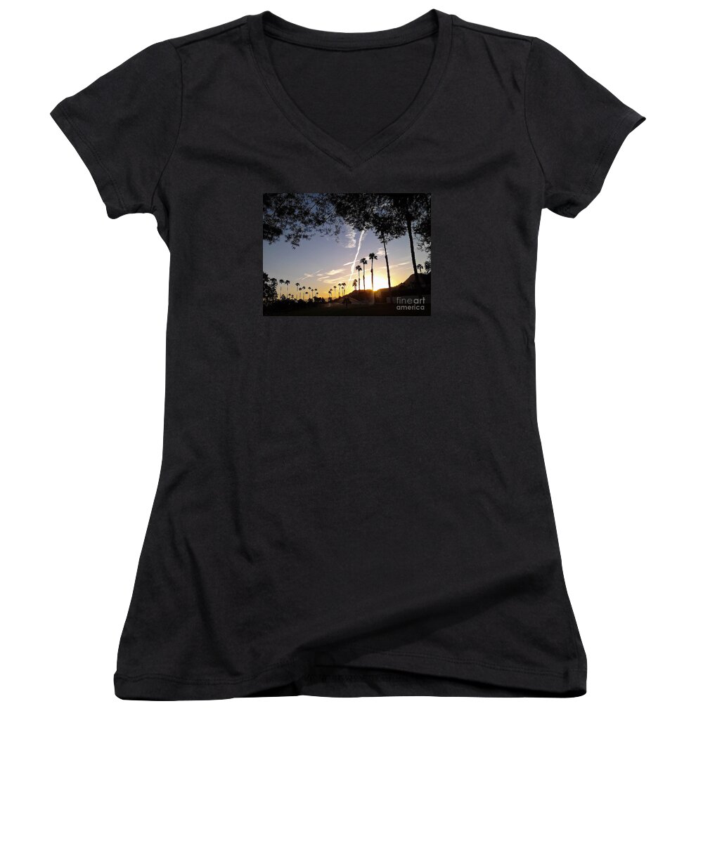  Women's V-Neck featuring the photograph Palm Trees Silhoutted Against Morning Skywith Weather Streaks by Jay Milo