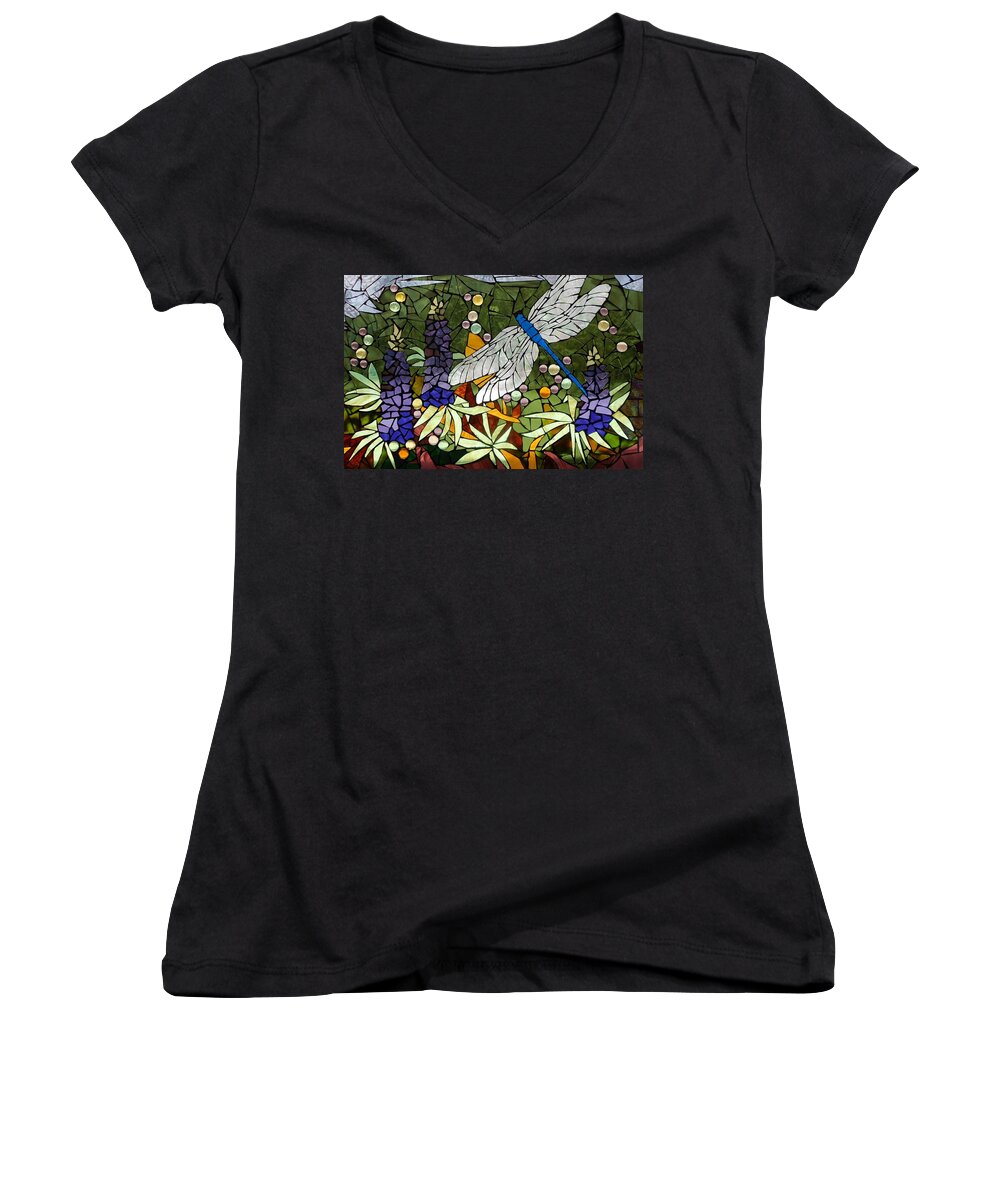 Dragonfly Women's V-Neck featuring the glass art Mosaic Stained Glass - Lupins and dragonfly by Catherine Van Der Woerd