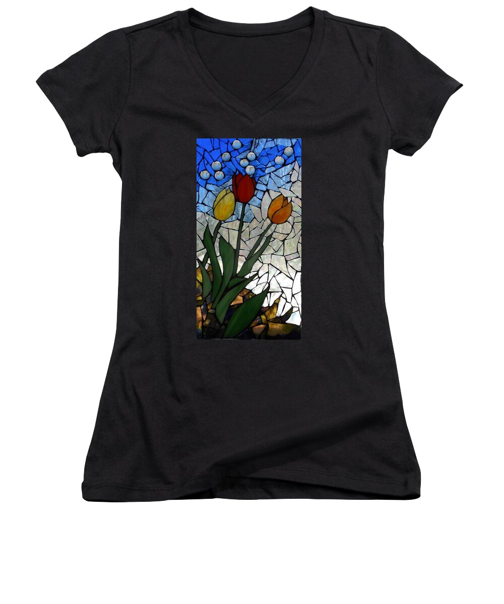 Tulips Women's V-Neck featuring the glass art Mosaic Stained Glass - Spring Shower by Catherine Van Der Woerd
